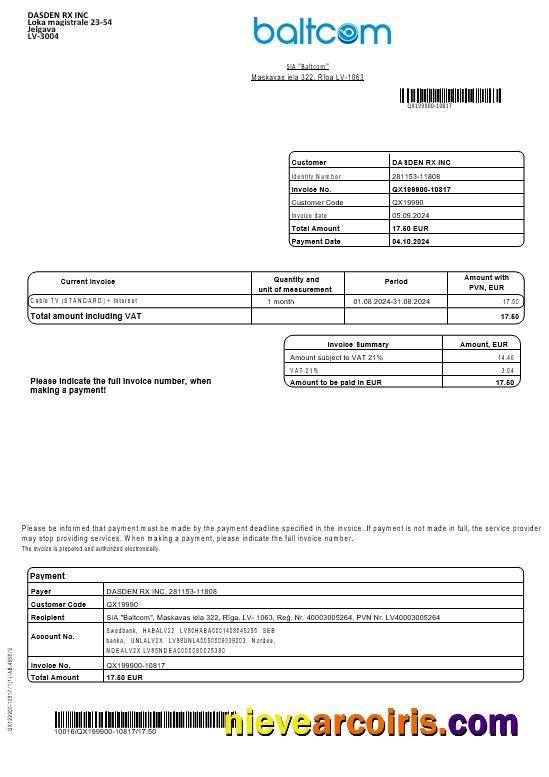 Latvia Baltcom telecommunications business utility bill (English version)